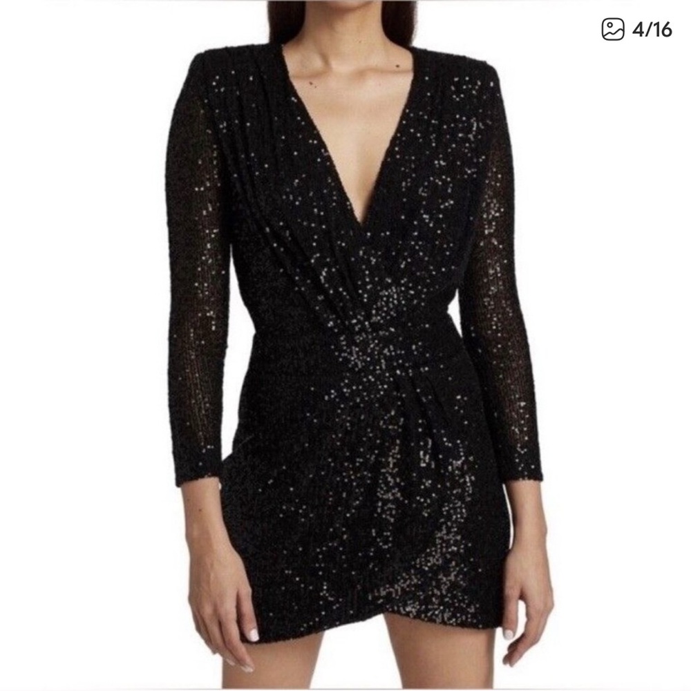 Ramy Brook Black Sequin Dress. Faux Wrap Mini Cocktail Dress